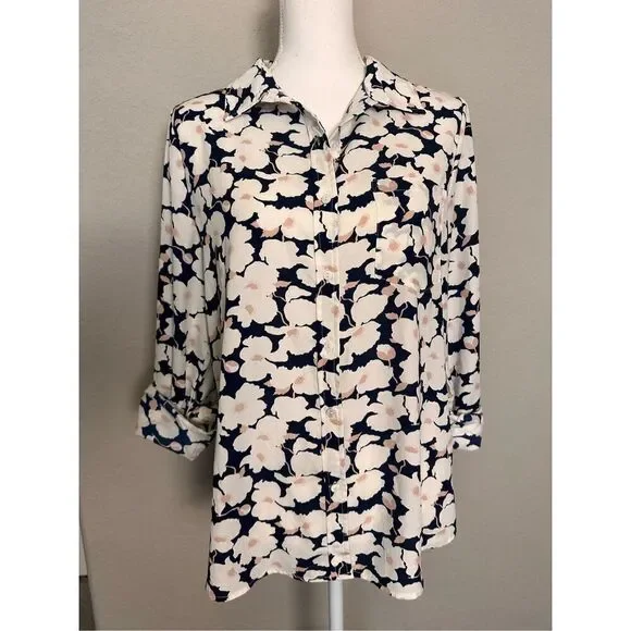 Skies are Blue Floral Navy White Blouse Medium - Picture 1 of 6